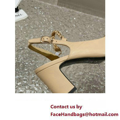 Chanel Heel 6.5cm Chain Lambskin Grosgrain  &  Metal Pumps Slingbacks G45092 Beige/Black 2023